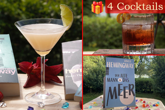 Geburtstaggeschenk Frau: Cocktailbox mit Getränken, frischen Zutaten für 4 Cocktails: Negroni + Hemingway Special, plus Novella vom Hemingway. Für Literaturliebhaber, die sich verwöhnen mögen.